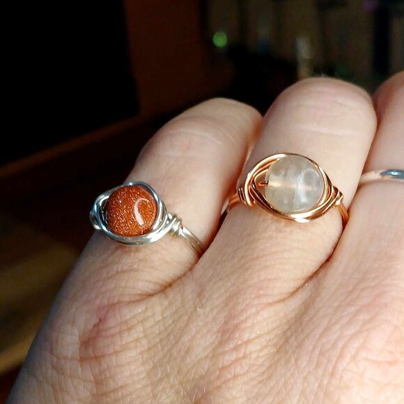 2 Piece Ring Set, Wire Wrapped, Fluorite & Goldstone, Size 5.5/7 - Picture 4 of 4